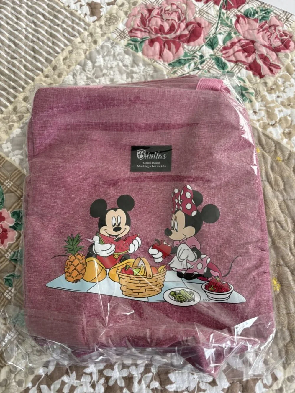 Brivilas Pink Mickey and Minnie Mouse, insulated lunch bag, and Blue Bento Box